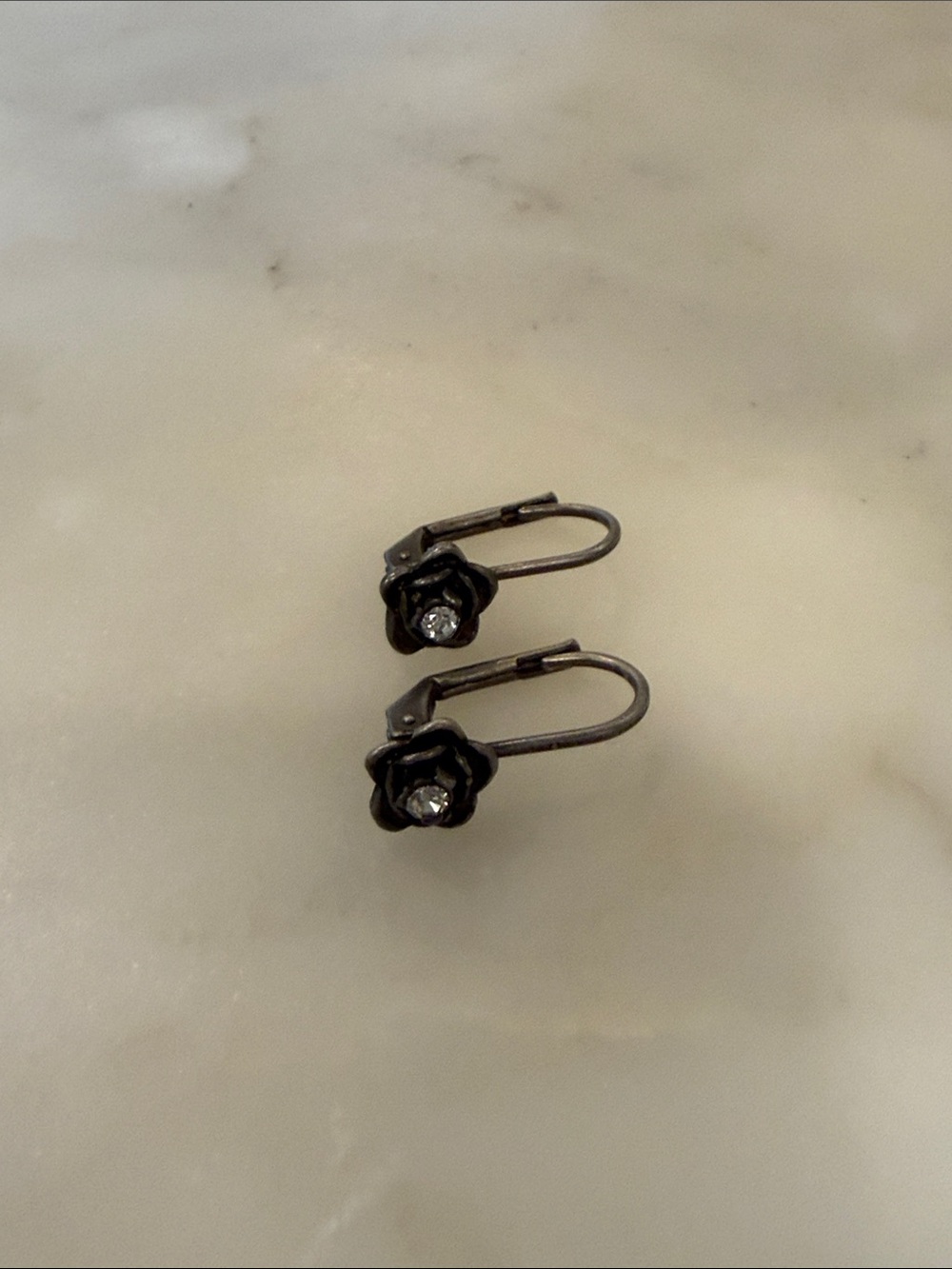 Black Flower Crystal Drop Leverback Earrings